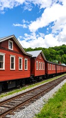 Obraz premium Red train cars and cabins by tracks