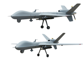 Two advanced military unmanned aerial vehicles or drones in flight showcasing their modern design isolated on transparent background