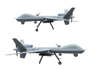Two modern military reconnaissance drones with advanced surveillance technology isolated on transparent background