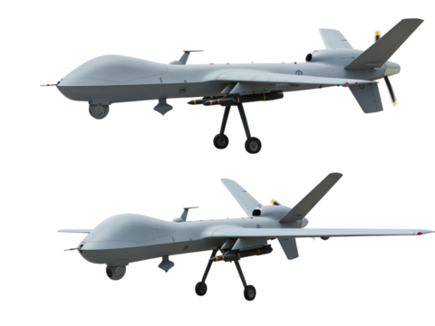 Two advanced military unmanned aerial vehicles or drones in flight showcasing their modern design isolated on transparent background