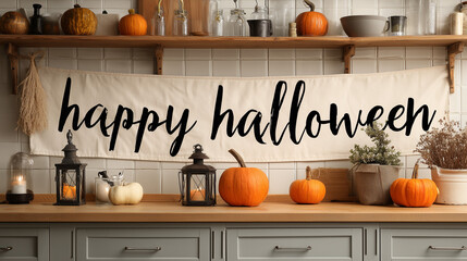 a banner with the words "happy halloween" written in a spooky font on top of a kitchen counter, decorated with pumpkins and lanterns