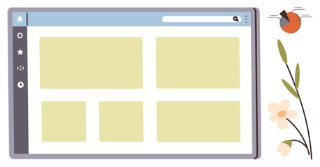 Web page layout featuring a sidebar menu, search bar, and block elements, complemented by floral design and a pie chart. Ideal for web design, UX, technology, creativity, productivity data simple