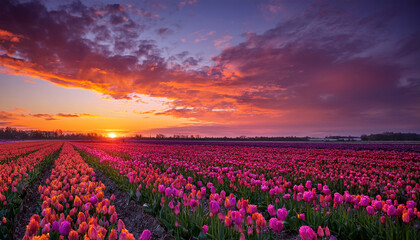 Fototapeta premium a vibrant sunset over a field of tulips with the sky painted in shades of pink orange and purple
