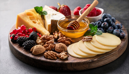 gourmet cheese board with honey berries nuts crackers