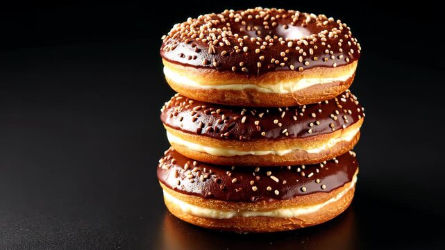 Sweet Stack: A trio of decadent chocolate donuts, stacked artfully, promises a moment of pure indulgence and bliss. The dark, alluring background amplifies their rich textures and irresistible allure.