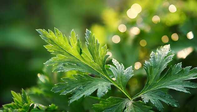 serene close up of mugwort leaves glistening with dew in a tranquil green environment