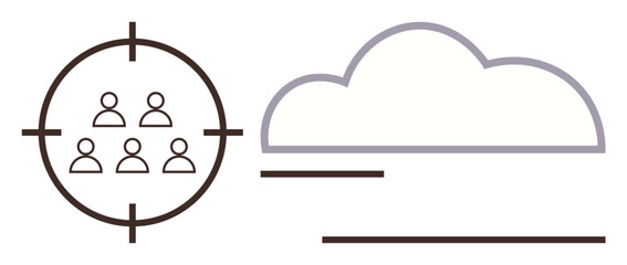 Group of people inside target scope next to cloud icon representing teamwork, goal-setting, and cloud computing. Ideal for strategy, technology, analytics, networking, communication, development
