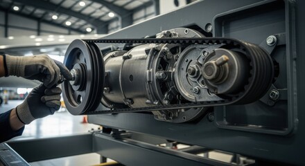 Slowmotion footage capturing secure attachment of drive belts and pulleys on heavyduty bifold door motor assembly inside hangar.