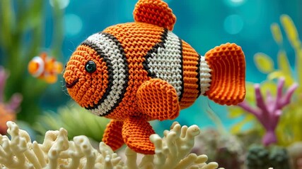 Crafted Clownfish: A charming, handcrafted clownfish swims gracefully amid a vibrant reef scene, meticulously crocheted and capturing the playful essence of aquatic life.