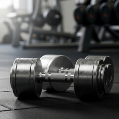 Fototapeta premium Pair of heavy steel dumbbells placed on a dark gym floor, representing strength training, bodybuilding, fitness, and physical exercise. 