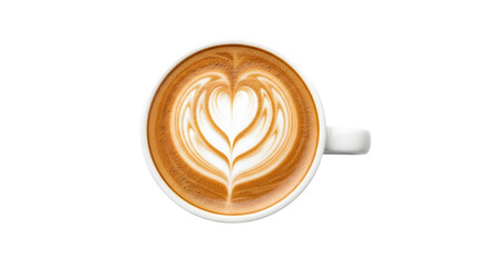 Overhead view of a cup of coffee with latte art in the shape of a heart, isolated on transparent background