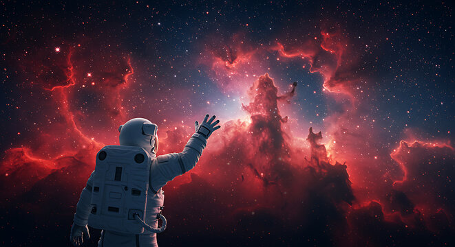An astronaut in a spacesuit reaches out towards a vibrant, red and blue nebula in deep space, surrounded by stars and cosmic dust.