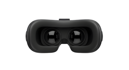 A pair of black virtual reality goggles, also known as vr headset, viewed from the front, isolated on a transparent background