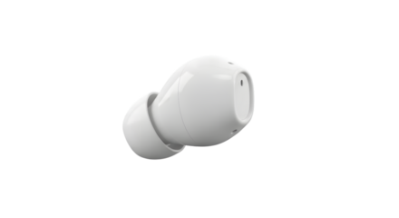 A single white wireless earbud, designed for listening to music or making calls, isolated on a transparent background