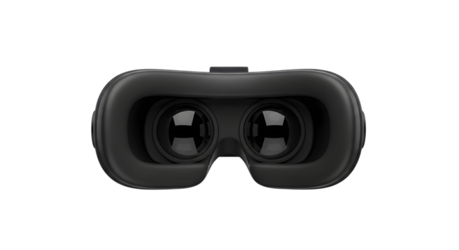 A pair of black virtual reality goggles, also known as vr headset, viewed from the front, isolated on a transparent background