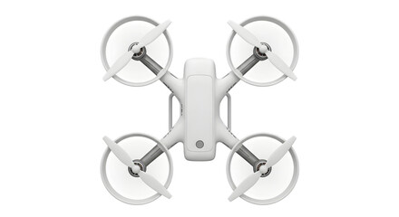 Top view of a white drone with four propellers and a central body, isolated on transparent background, representing aerial technology and modern devices