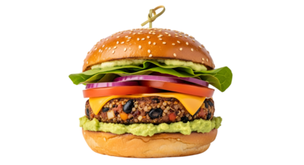 A delicious and juicy vegetarian burger with fresh lettuce, tomato, onion, cheese, and avocado, served on a sesame seed bun, isolated on a transparent background