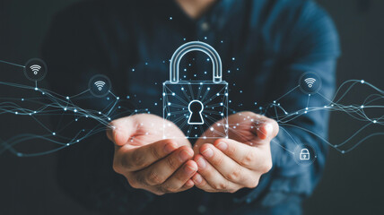 Cyber security concept hands holding digital lock internet security data protection network secure