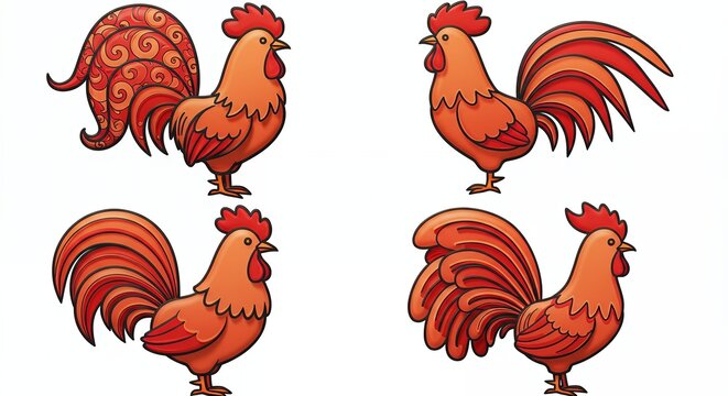 Cartoon rooster illustrations set orange and red