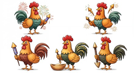 Cartoon roosters holding fireworks collection