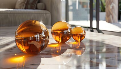 Amber glass spheres on marble table, sunlit luxury room