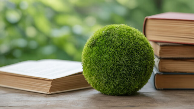 Stock photo of books and moss ball on wooden table with blurred green background for education concept