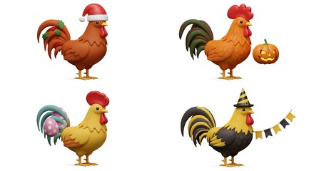 Cartoon roosters with halloween and holiday themes