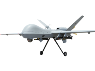 Modern military unmanned aerial vehicle drone aircraft with advanced surveillance technology isolated on transparent background