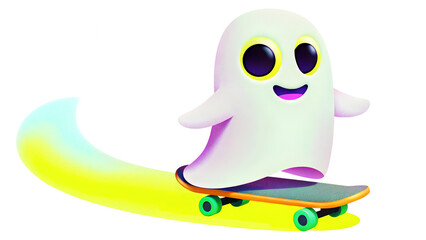 Obraz premium Cartoon ghost skating on skateboard with colorful trail behind 