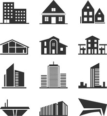 Obraz premium Vector set of residential, commercial, and modern architecture building icons in black silhouette style for real estate, urban, and construction design projects.