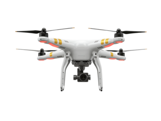 Modern white quadcopter drone with colorful accents and camera gimbal isolated on transparent background