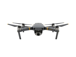 Modern gray quadcopter drone with camera and propellers viewed from the front isolated on transparent background