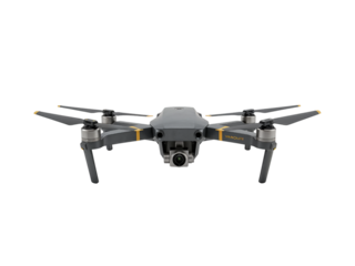 Modern gray quadcopter drone with camera and propellers viewed from the front isolated on transparent background