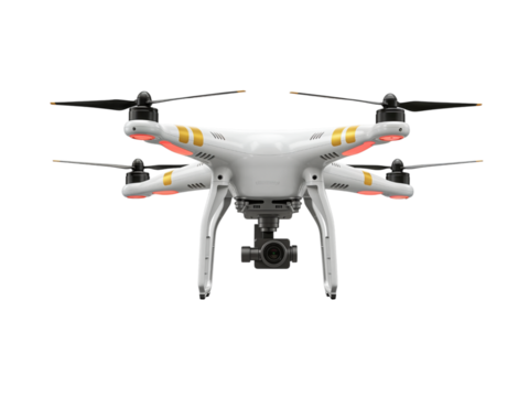 Modern white quadcopter drone with colorful accents and camera gimbal isolated on transparent background