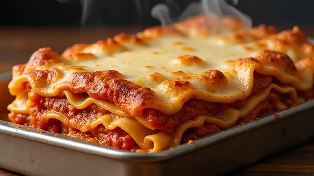 Steaming hot lasagna in a metal pan, featuring layers of cheese, sauce, and pasta, perfect for dinner, food videos, and culinary projects
