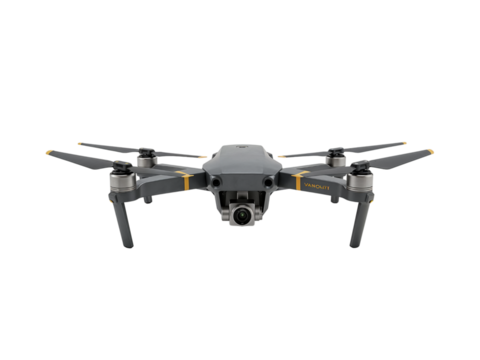 Modern gray quadcopter drone with camera and propellers viewed from the front isolated on transparent background