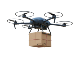 Modern delivery drone with rotors in motion carrying a cardboard package suspended below isolated on transparent background