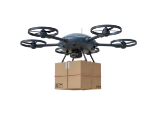 Modern octocopter drone carrying a cardboard delivery package suspended from its landing gear isolated on transparent background