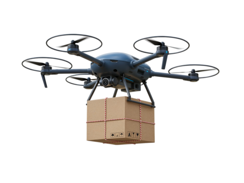 Modern delivery drone with rotors in motion carrying a cardboard package suspended below isolated on transparent background