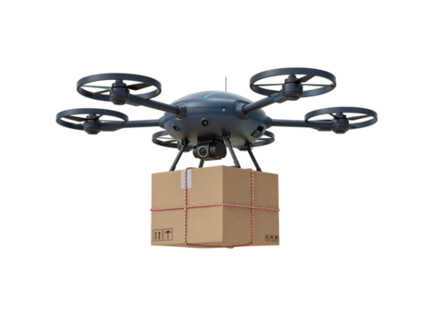 Modern octocopter drone carrying a cardboard delivery package suspended from its landing gear isolated on transparent background