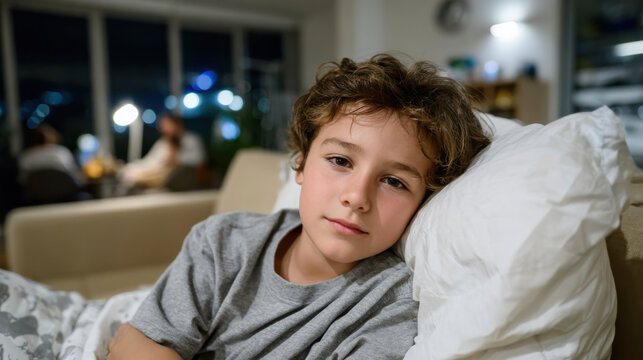 A thoughtful young boy rests against a pillow on the sofa, conveying tranquility and introspection while family members engage in nearby activities.