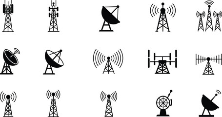 Naklejka premium Vector collection of communication towers, satellite dishes, radio antennas, and signal transmitters in black silhouette style, isolated on white background for design use.
