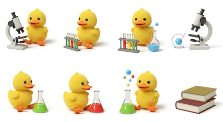 Cute yellow duckling learning science experiments