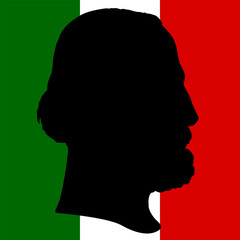 Giuseppe Garibaldi, historical figure of the Italian Risorgimento, silhouette portrait profile on Italian flag, vector illustration