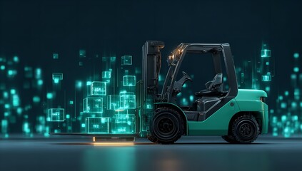 Green forklift with glowing digital blocks symbolizing artificial intelligence in smart warehouse logistics, futuristic supply chain concept on a dark blue background