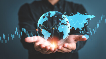 Global business and investment strategy concept with world map and stock market chart analysis graph