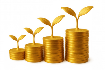 Golden plants sprouting from rising coin stacks, representing financial growth on clear background