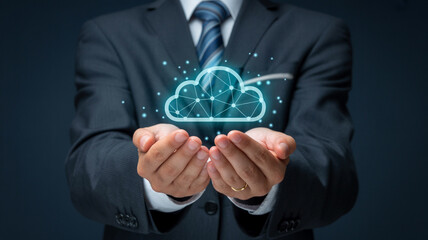 Cloud computing services businessman holding cloud storage technology network data security solution