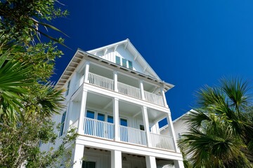 By the beach and ocean in Florida, a new urbanism wooden house tower is a prime example of modern architecture with a deserted view during a sunny day
