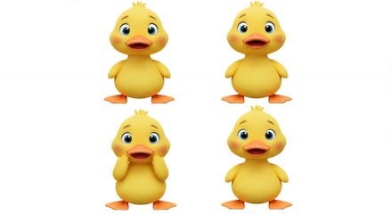 Fototapeta premium Four yellow ducklings in surprise poses illustration